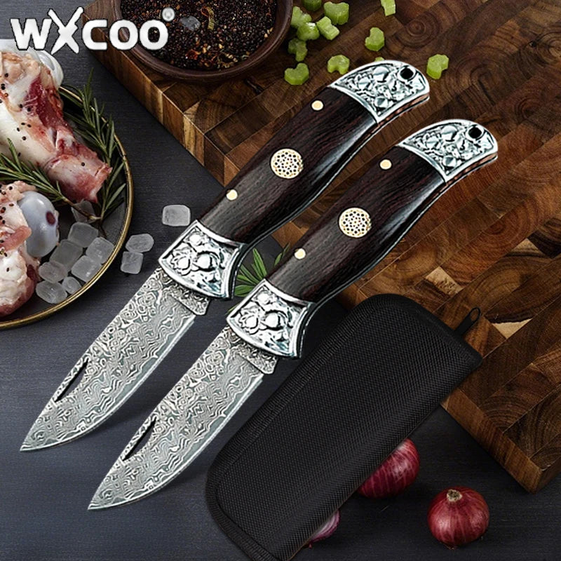 WXCOO Stainless Steel Folding Knife with Cover Kitchen Knife Ergonomic Wood Handle Damscus Steel Kitchen Pocket Fruit Knife