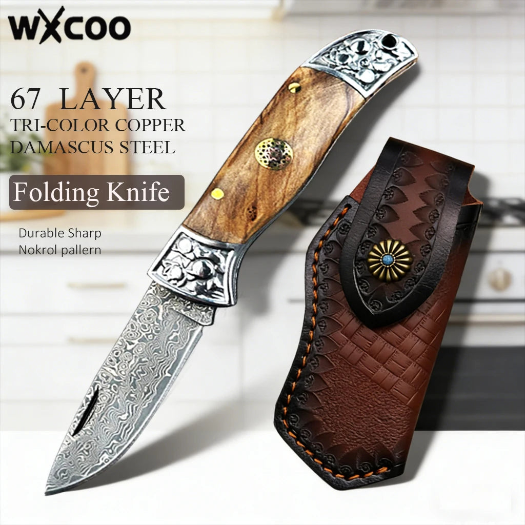 WXCOO Stainless Steel Folding Knife with Cover Kitchen Knife Ergonomic Wood Handle Damscus Steel Kitchen Pocket Fruit Knife