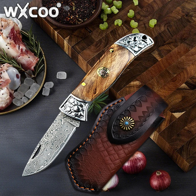 WXCOO Stainless Steel Folding Knife with Cover Kitchen Knife Ergonomic Wood Handle Damscus Steel Kitchen Pocket Fruit Knife