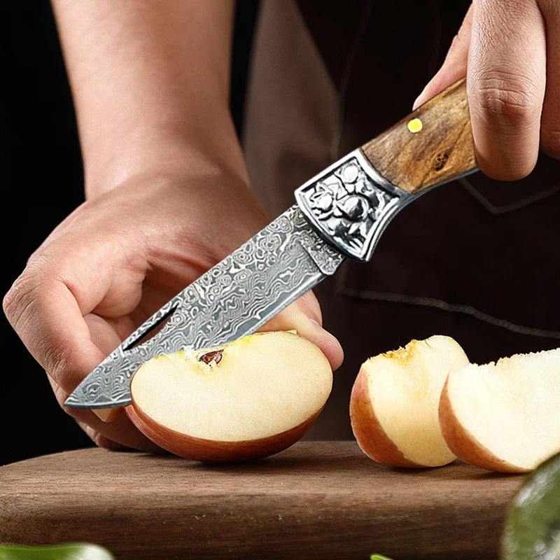 WXCOO Stainless Steel Folding Knife with Cover Kitchen Knife Ergonomic Wood Handle Damscus Steel Kitchen Pocket Fruit Knife