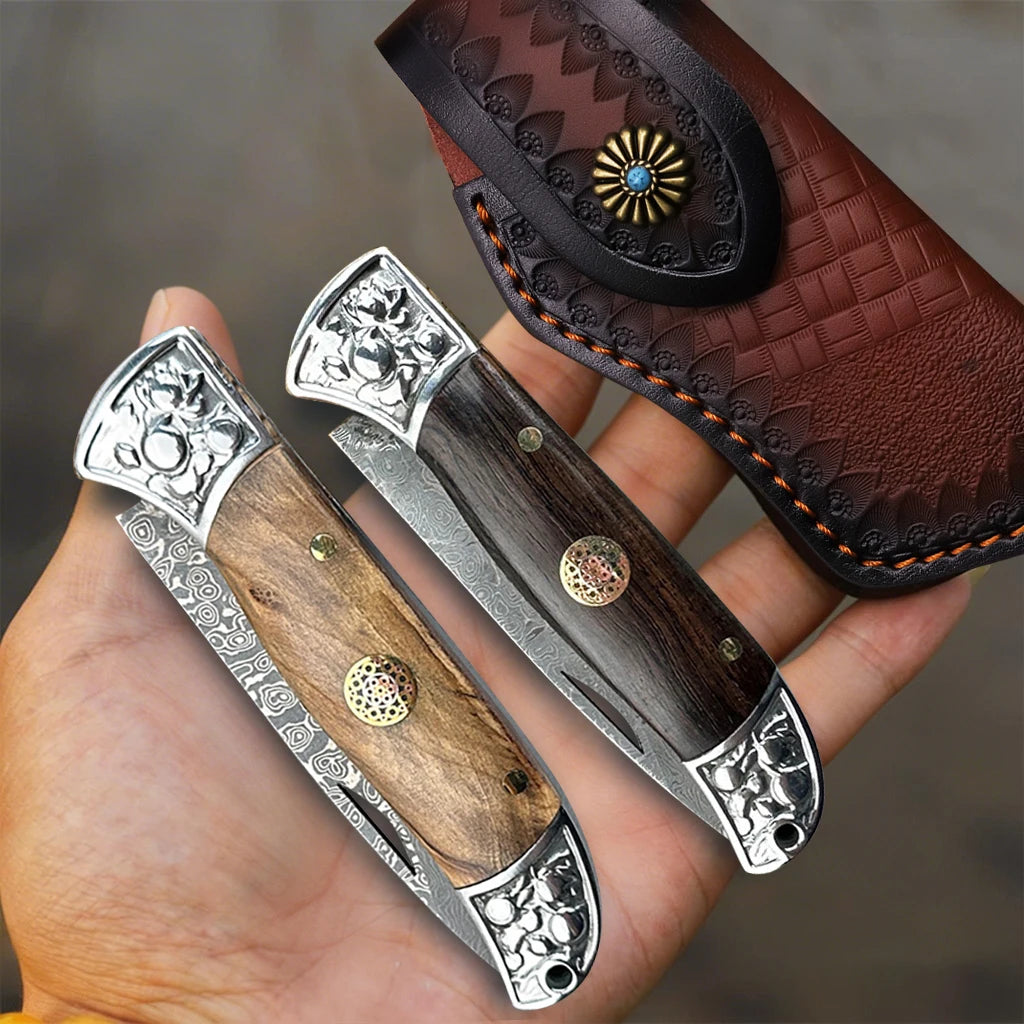 WXCOO Stainless Steel Folding Knife with Cover Kitchen Knife Ergonomic Wood Handle Damscus Steel Kitchen Pocket Fruit Knife