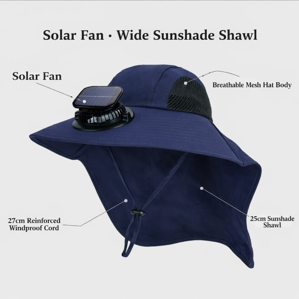 Breathable Solar Fan Cap Lightweight Cooling Wide-Brimmed Hat Adjustable Shawl Attached for 3.7V 300mAh