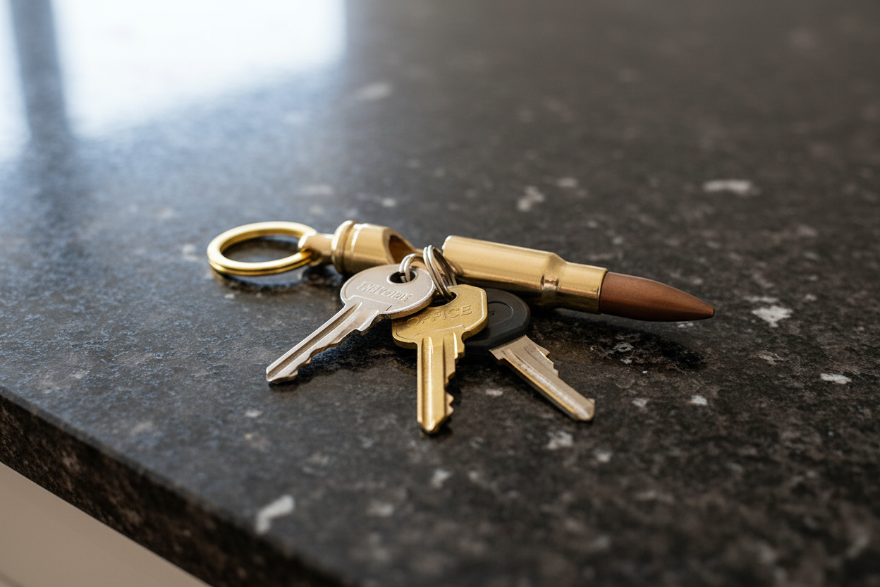 Brass .308 Cartridge Keychain with Keys on Countertop