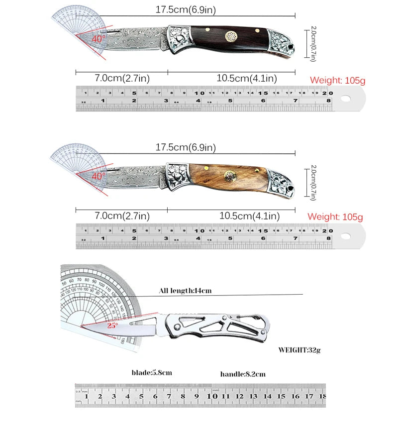 WXCOO Stainless Steel Folding Knife with Cover Kitchen Knife Ergonomic Wood Handle Damscus Steel Kitchen Pocket Fruit Knife