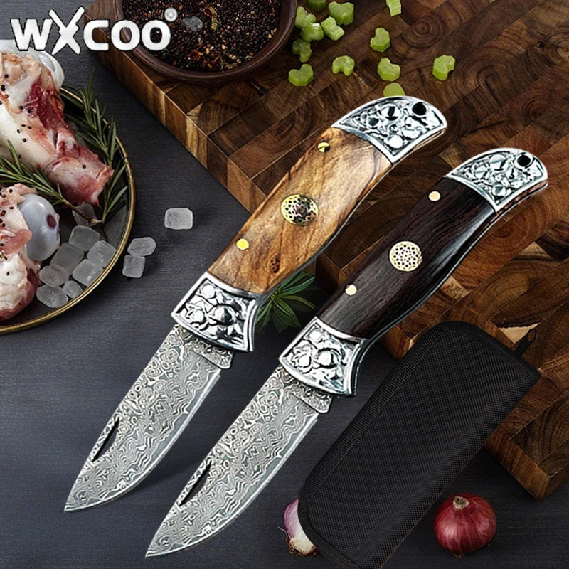 WXCOO Stainless Steel Folding Knife with Cover Kitchen Knife Ergonomic Wood Handle Damscus Steel Kitchen Pocket Fruit Knife
