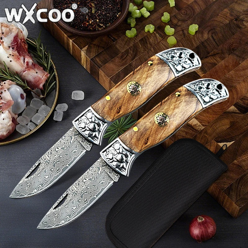 WXCOO Stainless Steel Folding Knife with Cover Kitchen Knife Ergonomic Wood Handle Damscus Steel Kitchen Pocket Fruit Knife
