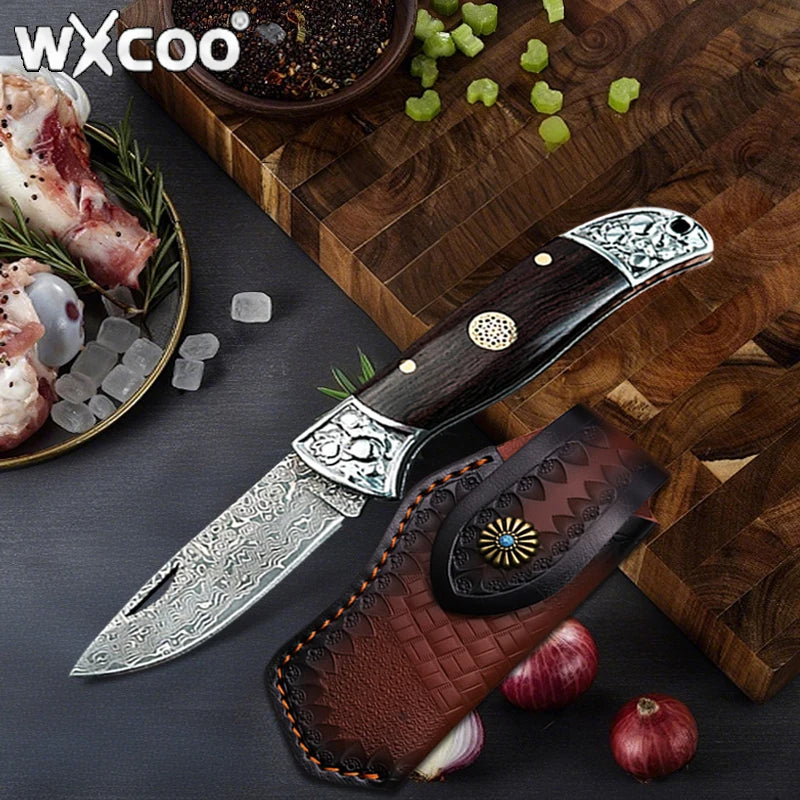 WXCOO Stainless Steel Folding Knife with Cover Kitchen Knife Ergonomic Wood Handle Damscus Steel Kitchen Pocket Fruit Knife