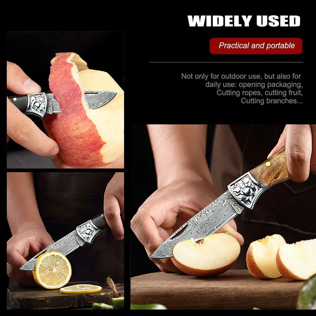 WXCOO Stainless Steel Folding Knife with Cover Kitchen Knife Ergonomic Wood Handle Damscus Steel Kitchen Pocket Fruit Knife