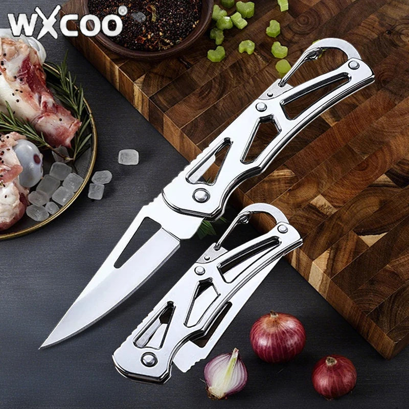 WXCOO Stainless Steel Folding Knife with Cover Kitchen Knife Ergonomic Wood Handle Damscus Steel Kitchen Pocket Fruit Knife